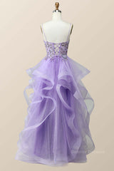 Off Shoulder Prom Dress, Beaded Lavender Ruffles A-line Long Prom Dress