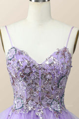 Satin Bridesmaid Dress, Beaded Lavender Ruffles A-line Long Prom Dress