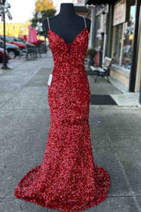 Formal Dresses For Middle School, Beaded Straps Burgundy Sequins Mermaid Long Prom Dress,Evening Dresses Elegant