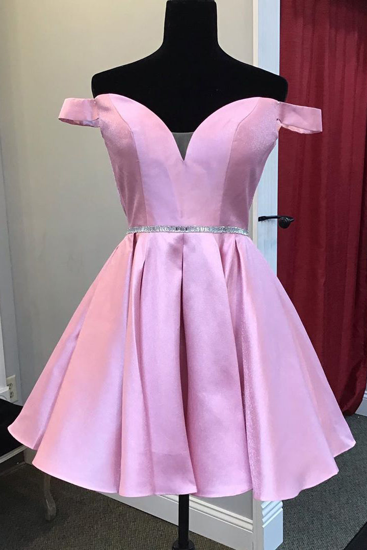 Bridesmaids Dresses Different Styles, Beaded Waist Off the Shoulder Pink Homecoming Dresses,Cocktail Dresses Parties