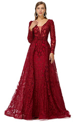 Bridesmaids Dresses With Sleeves, Beaded Wine Red Long V neck Sleeves Prom Dresses