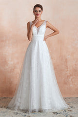Wedding Dresses Petite, Beading Pearls Lace Floor Length Straps V-Back Backless White A-Line Wedding Dresses