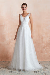 Wedding Dresses Fit, Beading Pearls Lace Floor Length Straps V-Back Backless White A-Line Wedding Dresses