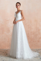 Wedding Dress Fitted, Beading Pearls Lace Floor Length Straps V-Back Backless White A-Line Wedding Dresses