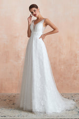 Wedding Dress Fit, Beading Pearls Lace Floor Length Straps V-Back Backless White A-Line Wedding Dresses