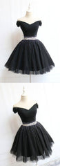 Bridesmaid Dresses Chicago, Beautiful Cute Charming Black Tulle V Neck Beaded Short Dress, Black Homecoming Dress