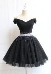 Country Wedding Dress, Beautiful Cute Charming Black Tulle V Neck Beaded Short Dress, Black Homecoming Dress
