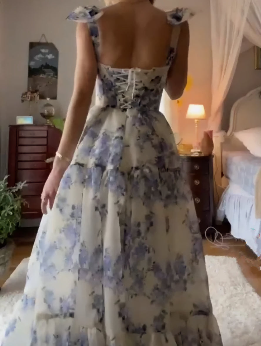 Prom Dresses With Slit, Beautiful Floral Print Chiffon Long Prom Dresses Evening Dress