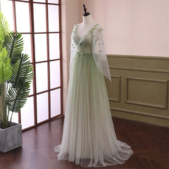Formal Dresses Royal Blue, Beautiful Gradient Tulle Green Beaded Long Sleeves Party Dress,Green Formal Dresses