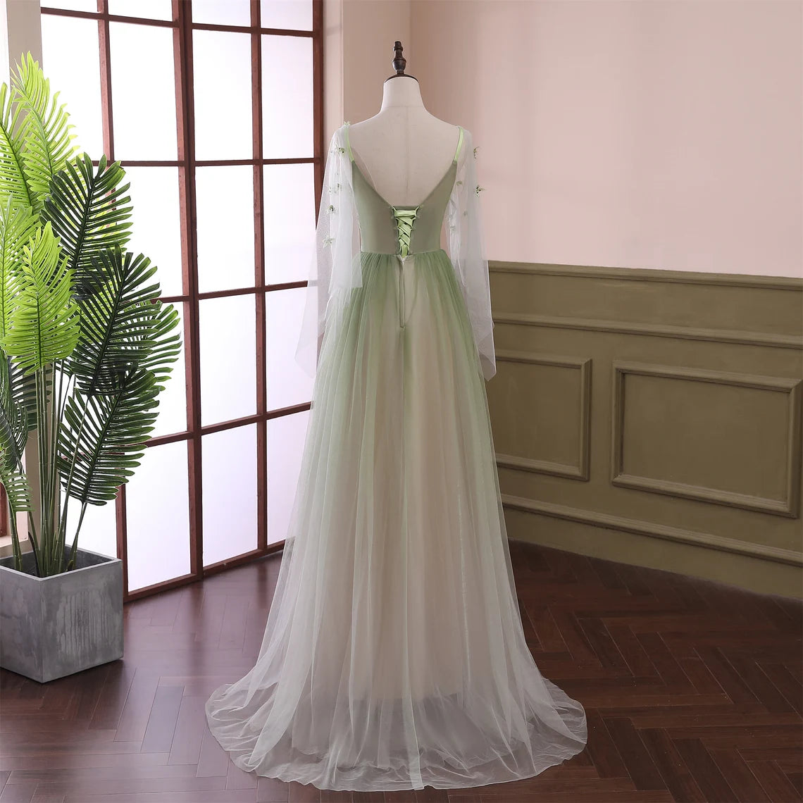 Formal Dresses Midi, Beautiful Gradient Tulle Green Beaded Long Sleeves Party Dress,Green Formal Dresses