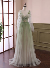 Formal Dresses Over 54, Beautiful Gradient Tulle Green Beaded Long Sleeves Party Dress,Green Formal Dresses