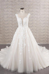 Wedding Dress Collection, Beautiful Long A-line Tulle Lace Appliques Backless Wedding Dress