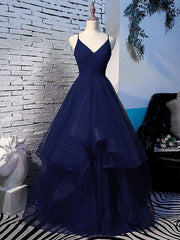 Party Dresses For Short Ladies, Beautiful Navy Blue Tulle Straps Long Party Dress,Princess Formal Gown