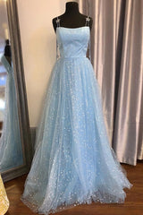 Bridesmaid Dress 2032, Beautiful Sky Blue Tulle Star A-line Long Prom Dress, Formal Dresses,maxi dresses