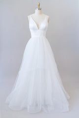 Wedding Dress Idea, Beautiful White Long A-line V-neck Tulle Backless Wedding Dress