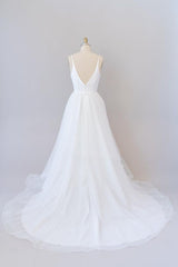 Wedding Dresses Ideas, Beautiful White Long A-line V-neck Tulle Backless Wedding Dress