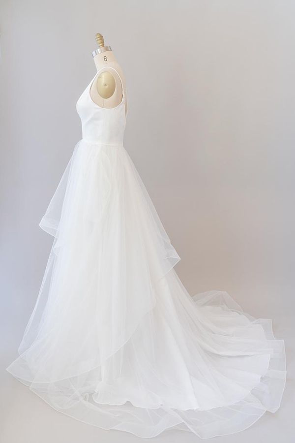 Wedding Dress With Covered Back, Beautiful White Long A-line V-neck Tulle Backless Wedding Dress