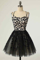 Evening Dresses 2052, Black A-line Double Spaghetti Straps Lace-Up Applique Mini Homecoming Dress