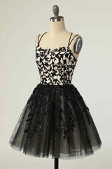 Evening Dress Princess, Black A-line Double Spaghetti Straps Lace-Up Applique Mini Homecoming Dress