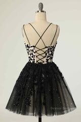 Evening Dress Long Elegant, Black A-line Double Spaghetti Straps Lace-Up Applique Mini Homecoming Dress