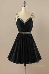 Homecoming Dress Vintage, Black A-line Double Straps Pleated Beaded Chiffon Mini Homecoming Dress