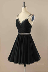 Homecomeing Dresses Vintage, Black A-line Double Straps Pleated Beaded Chiffon Mini Homecoming Dress