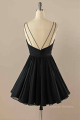 Homecomming Dresses Vintage, Black A-line Double Straps Pleated Beaded Chiffon Mini Homecoming Dress