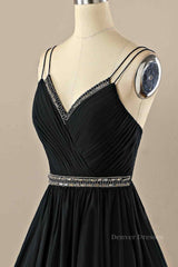 Homecomming Dress Vintage, Black A-line Double Straps Pleated Beaded Chiffon Mini Homecoming Dress