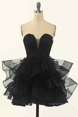 Homecoming Dress Simple, Black A-line Strapless V Neck Applique Multi-Layers Mini Homecoming Dress