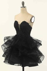 Homecoming Dresses Simple, Black A-line Strapless V Neck Applique Multi-Layers Mini Homecoming Dress