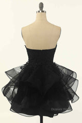 Homecoming Dresses Simpl, Black A-line Strapless V Neck Applique Multi-Layers Mini Homecoming Dress