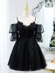 Formal Dress Summer, Black A line V Neck Lace Short/Mini Prom Dress, Black Puffy Homecoming Dresses