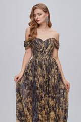 Prom Dress Store, Black and Brown Floral Print Off-the-Shoulder A-Line Long Prom Dress