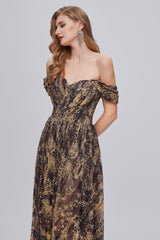Prom Dresses Store, Black and Brown Floral Print Off-the-Shoulder A-Line Long Prom Dress