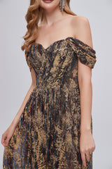 Prom Dresse Long, Black and Brown Floral Print Off-the-Shoulder A-Line Long Prom Dress