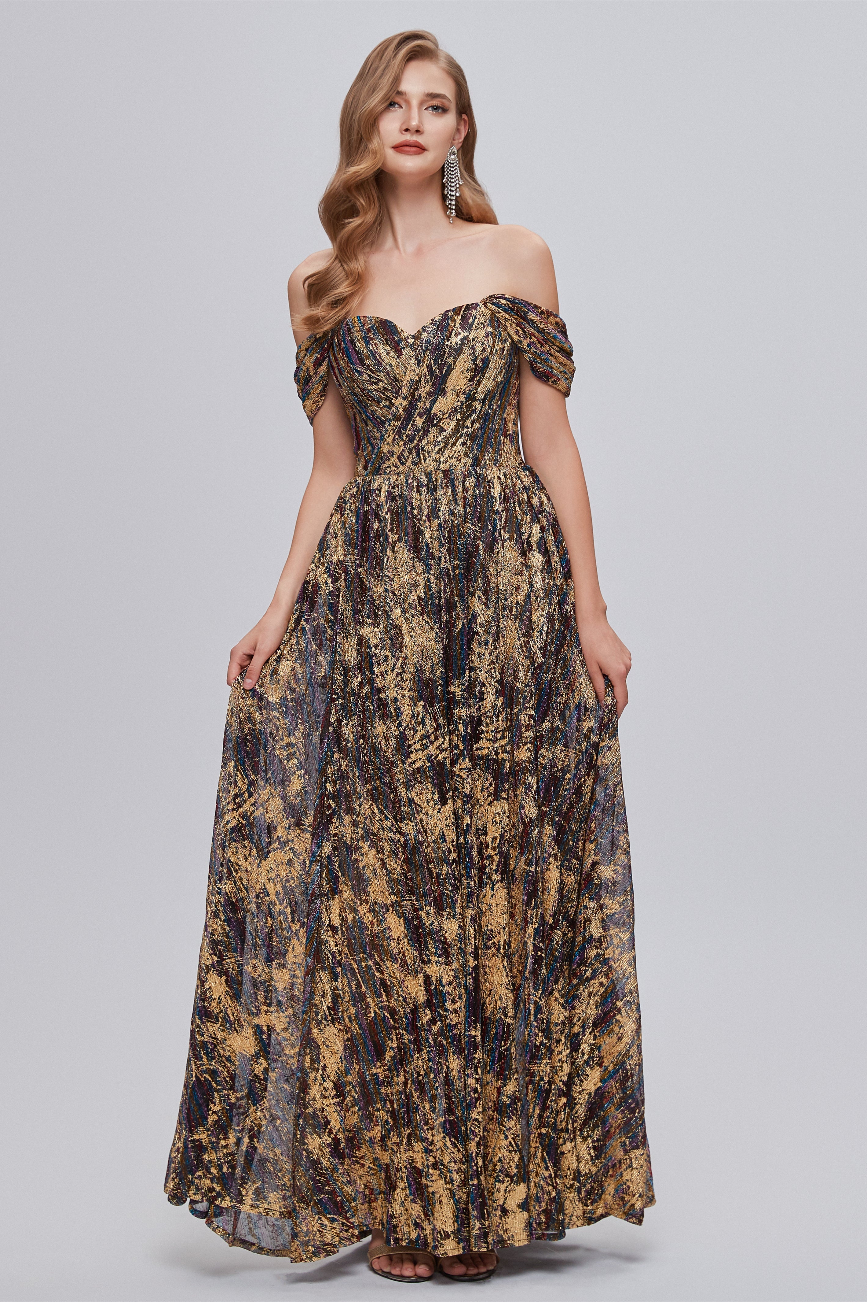Prom Dressed Long, Black and Brown Floral Print Off-the-Shoulder A-Line Long Prom Dress