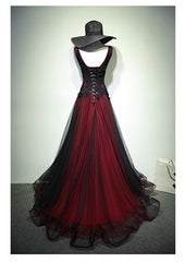 Senior Prom Dress, Black and Red Tulle V-neckline Beaded Lace Long Party Dress,A-line Formal Evening Dresses