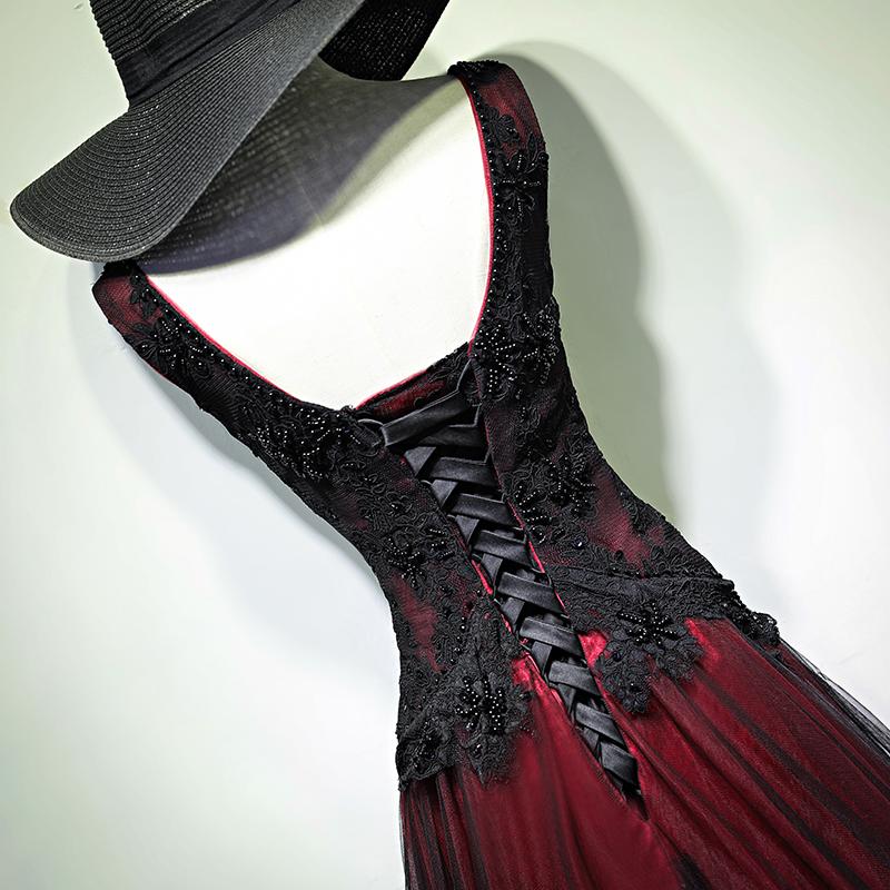 Flowy Prom Dress, Black and Red Tulle V-neckline Beaded Lace Long Party Dress,A-line Formal Evening Dresses