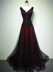 Gorgeou Dress, Black and Red Tulle V-neckline Beaded Lace Long Party Dress,A-line Formal Evening Dresses