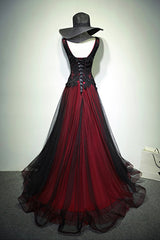 Party Dress Outfits Ideas, Black and Red V-Neck Tulle Long Prom Dress, Lace Evening Dress