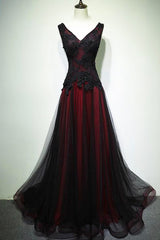 Party Dress Outfit Ideas, Black and Red V-Neck Tulle Long Prom Dress, Lace Evening Dress