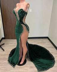 Homecoming Dresses Tight, Black Girl Prom Dresses Long Mermaid Green Prom Gown With Train