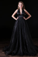 On Piece Dress, Black Halter Deep V neck Backless Tulle Floro Length Prom Dresses
