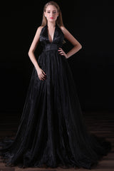 Formal Dresses Long, Black Halter Deep V neck Backless Tulle Floro Length Prom Dresses