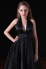 Formal Dresses For Teens, Black Halter Deep V neck Backless Tulle Floro Length Prom Dresses