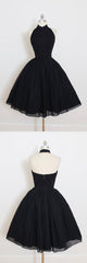 Bridesmaid Dress With Sleeve, Black Halter Homecoming Dress,A Line Open Back Short Prom Dresses