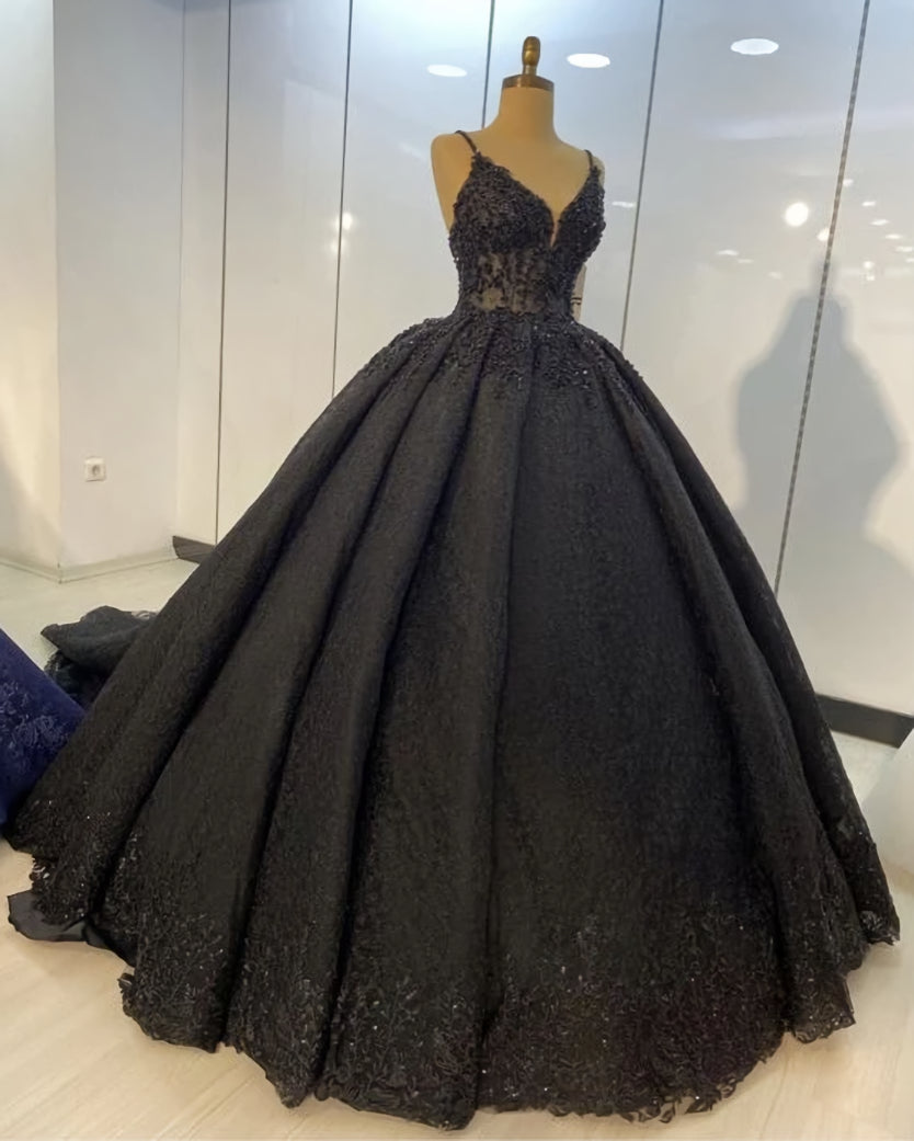 Wedding Dresses Idea, Black lace ball gown dresses for wedding , spaghetti straps prom dress