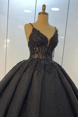 Wedding Dress For, Black lace ball gown dresses for wedding , spaghetti straps prom dress
