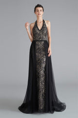 Party Dress Shopping, Black Lace Halter Prom Dresses with Tulle Overskirt