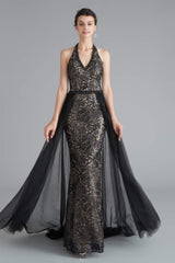 Party Dress Shops, Black Lace Halter Prom Dresses with Tulle Overskirt